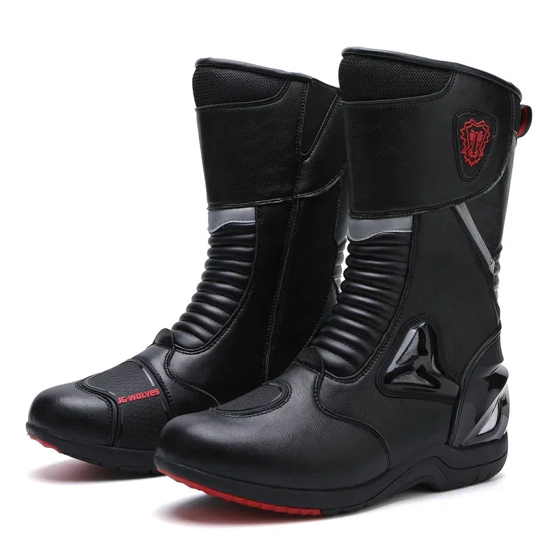 JG Wolf Men's Motorcycle Boots, Breathable Leather Motocross Boots, Reflective Motorcycle Boots, Black Racing Boots, Non-Slip