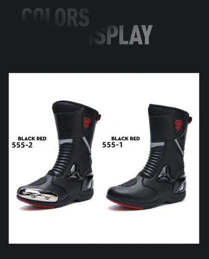 JG Wolf Men's Motorcycle Boots, Breathable Leather Motocross Boots, Reflective Motorcycle Boots, Black Racing Boots, Non-Slip