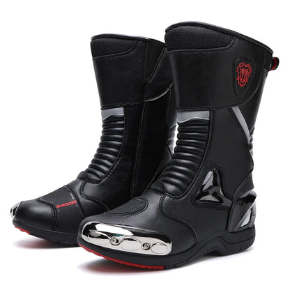 JG Wolf Men's Motorcycle Boots, Breathable Leather Motocross Boots, Reflective Motorcycle Boots, Black Racing Boots, Non-Slip