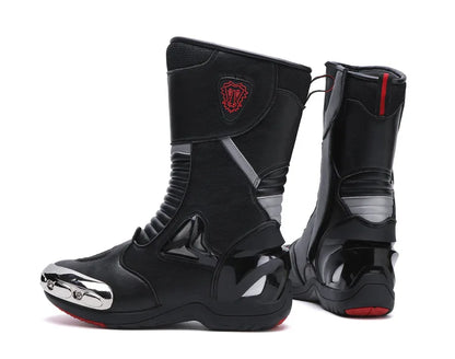 JG Wolf Men's Motorcycle Boots, Breathable Leather Motocross Boots, Reflective Motorcycle Boots, Black Racing Boots, Non-Slip