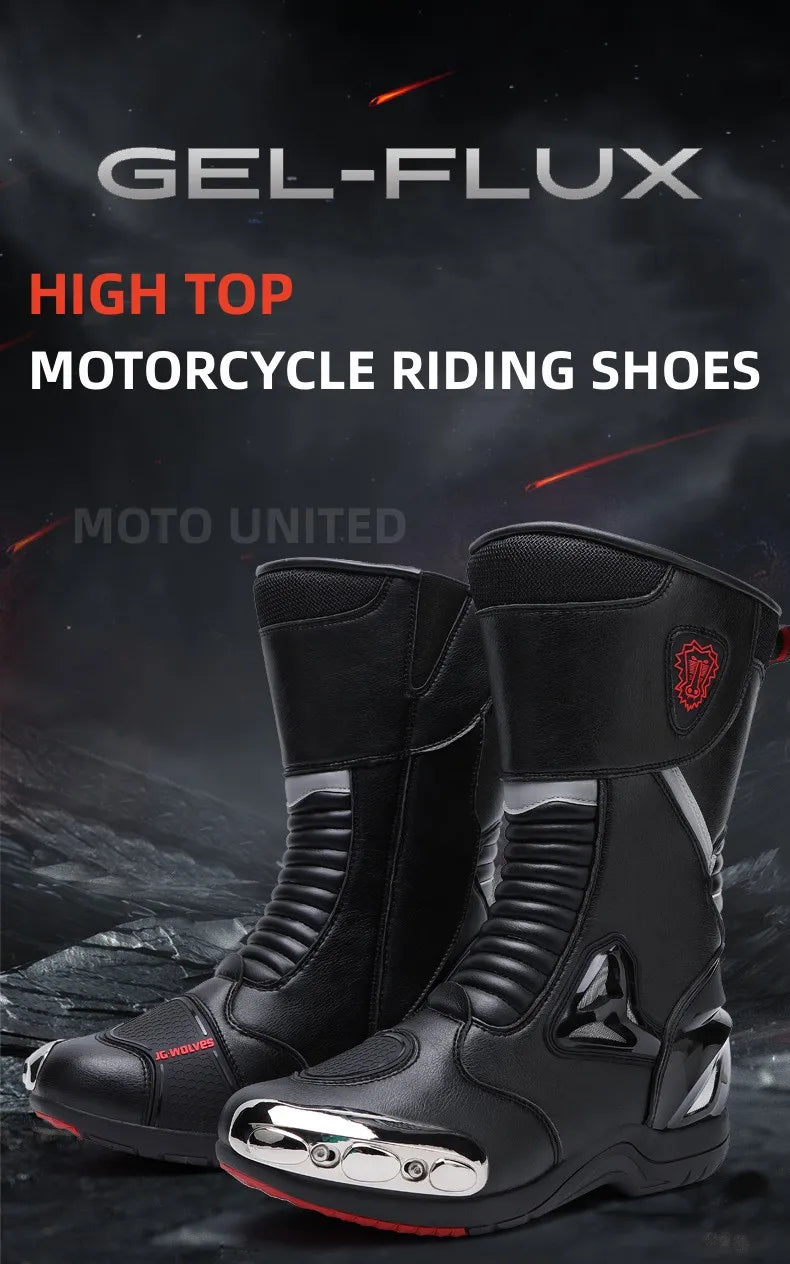 JG Wolf Men's Motorcycle Boots, Breathable Leather Motocross Boots, Reflective Motorcycle Boots, Black Racing Boots, Non-Slip