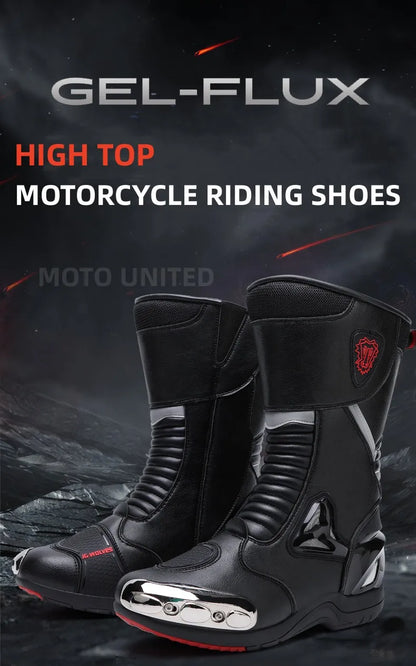 JG Wolf Men's Motorcycle Boots, Breathable Leather Motocross Boots, Reflective Motorcycle Boots, Black Racing Boots, Non-Slip