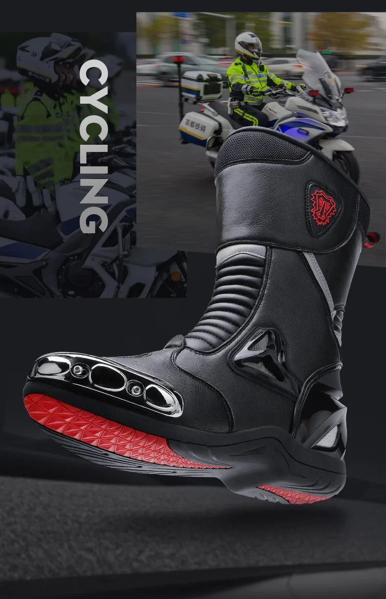 JG Wolf Men's Motorcycle Boots, Breathable Leather Motocross Boots, Reflective Motorcycle Boots, Black Racing Boots, Non-Slip