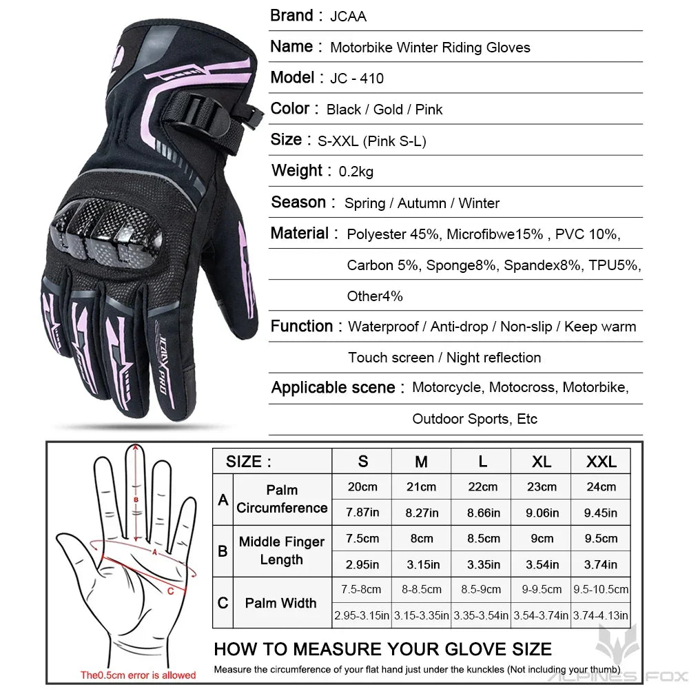 Black and pink motorbike winter riding glove with protective knuckle armor, size chart, material details.
