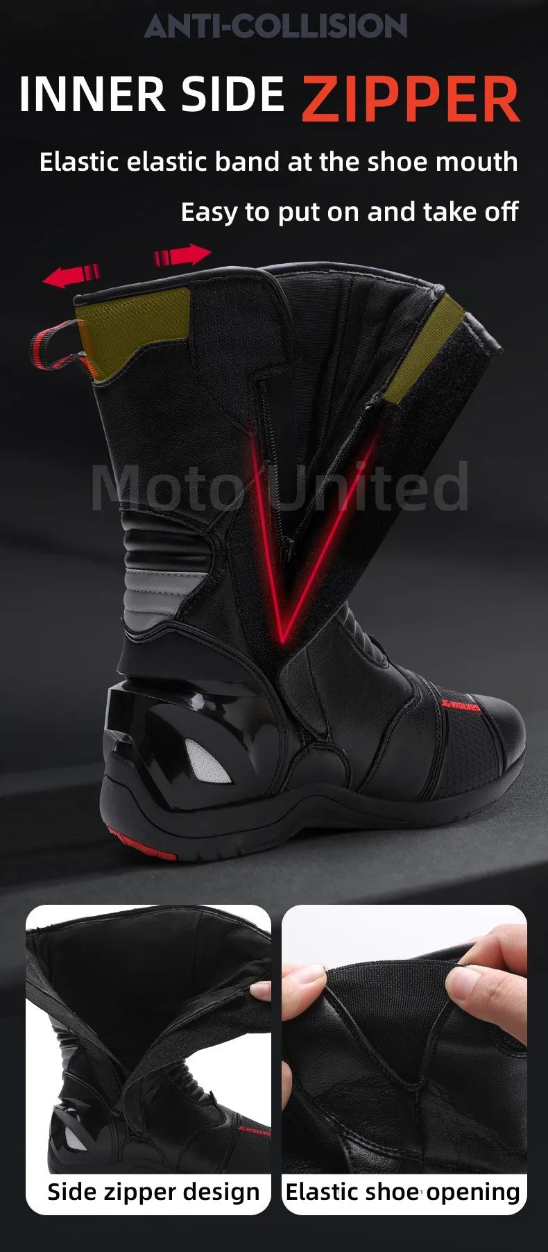 JG Wolf Men's Motorcycle Boots, Breathable Leather Motocross Boots, Reflective Motorcycle Boots, Black Racing Boots, Non-Slip