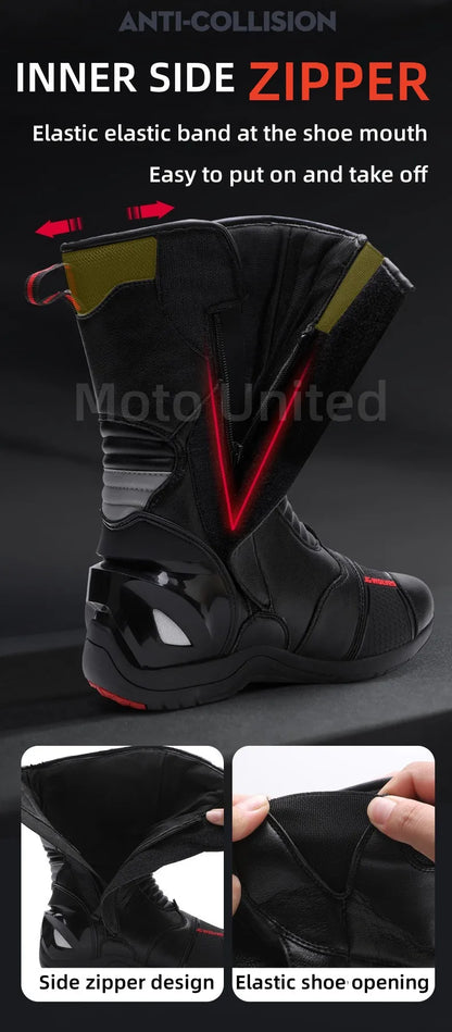 JG Wolf Men's Motorcycle Boots, Breathable Leather Motocross Boots, Reflective Motorcycle Boots, Black Racing Boots, Non-Slip
