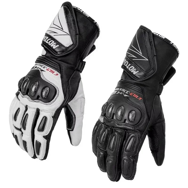 Black and white motorcycle gloves with reinforced knuckles and protective padding