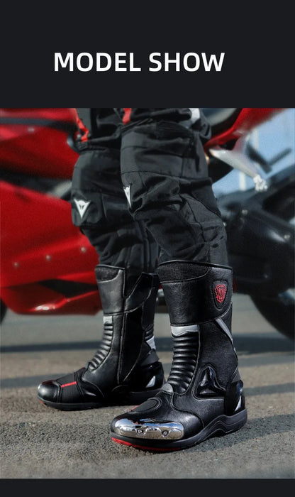 JG Wolf Men's Motorcycle Boots, Breathable Leather Motocross Boots, Reflective Motorcycle Boots, Black Racing Boots, Non-Slip