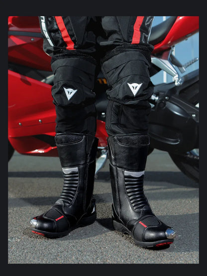 JG Wolf Men's Motorcycle Boots, Breathable Leather Motocross Boots, Reflective Motorcycle Boots, Black Racing Boots, Non-Slip