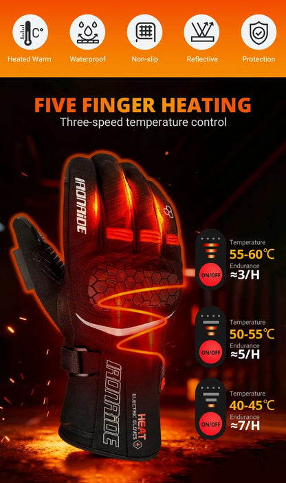 Heated motorcycle gloves with five finger heating, waterproof, non-slip, and reflective features.