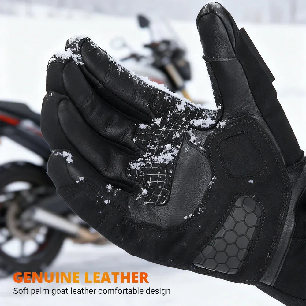 Genuine leather motorcycle glove with snow, winter riding gear, close-up palm view
