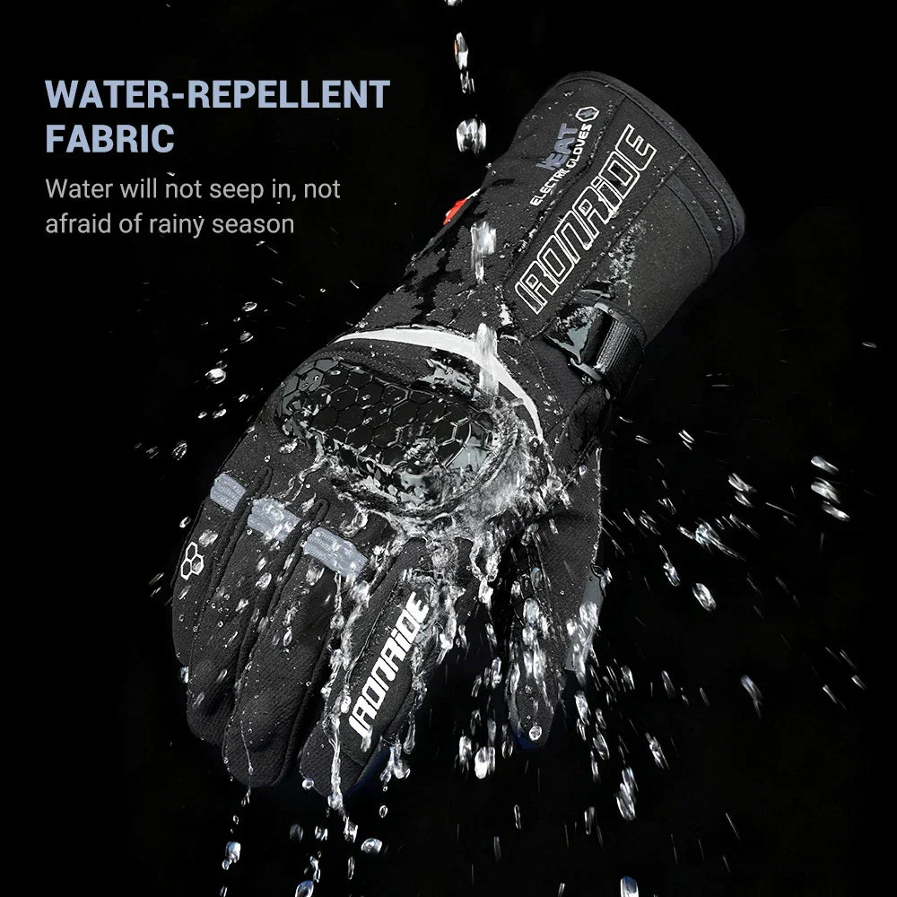 Waterproof motorcycle glove with protective knuckle, water-repellent fabric, black background
