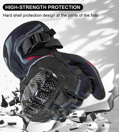 Black motorcycle glove with hard knuckle protection, breaking through surface, adventure gear