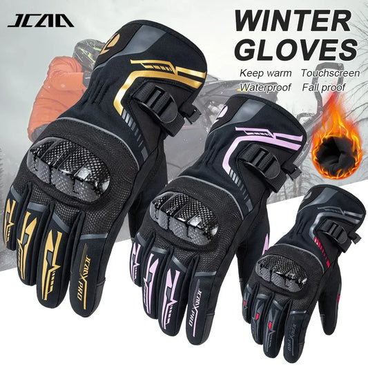 Waterproof winter motorcycle gloves with hard knuckle protection, suitable for cold weather riding.