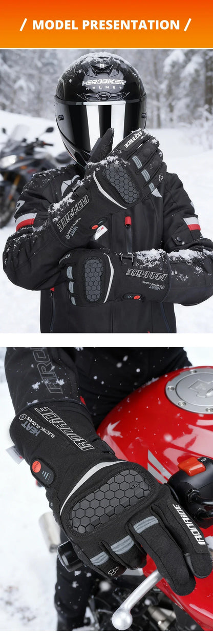 Winter motorcycle gloves with protective armor, worn by rider in snowy outdoor setting