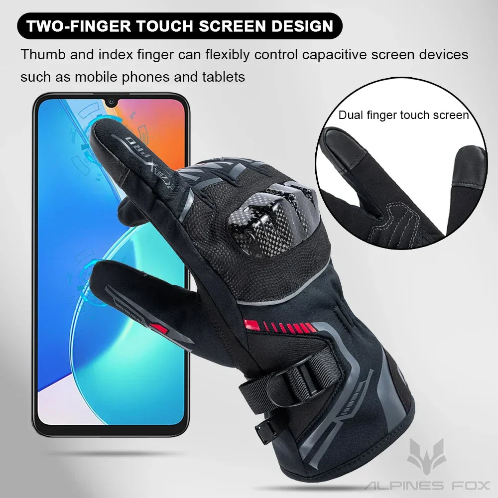 Motorcycle glove with touchscreen fingertips for mobile device use, black with protective knuckle.