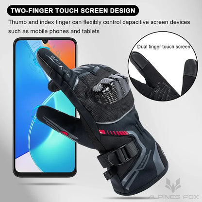 Motorcycle glove with touchscreen fingertips for mobile device use, black with protective knuckle.