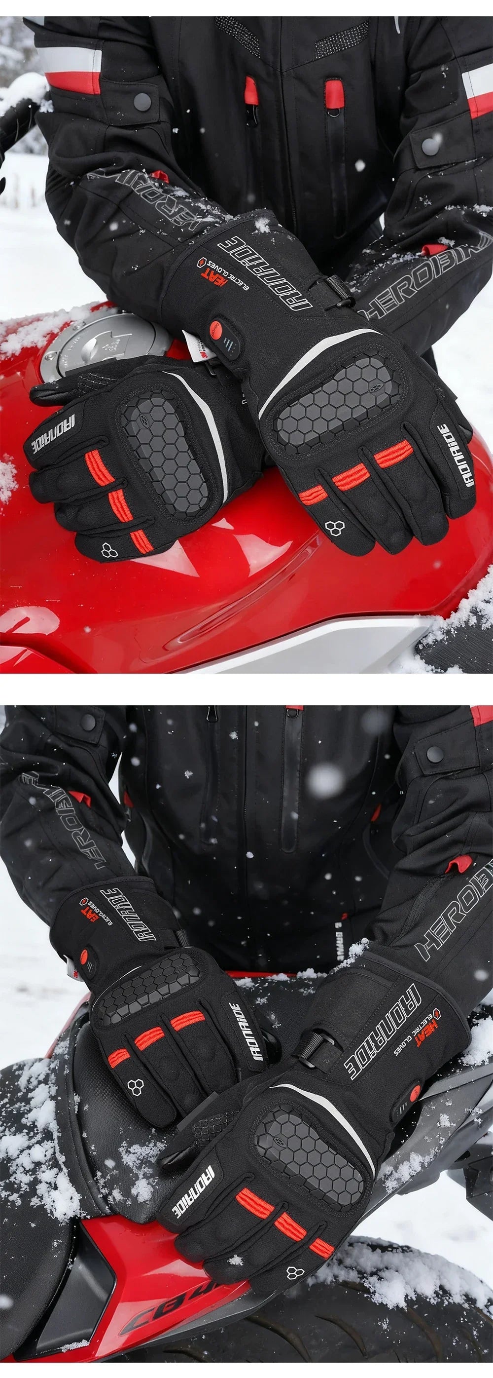 Winter motorcycle gloves with armored knuckles and red accents on a snow-covered bike
