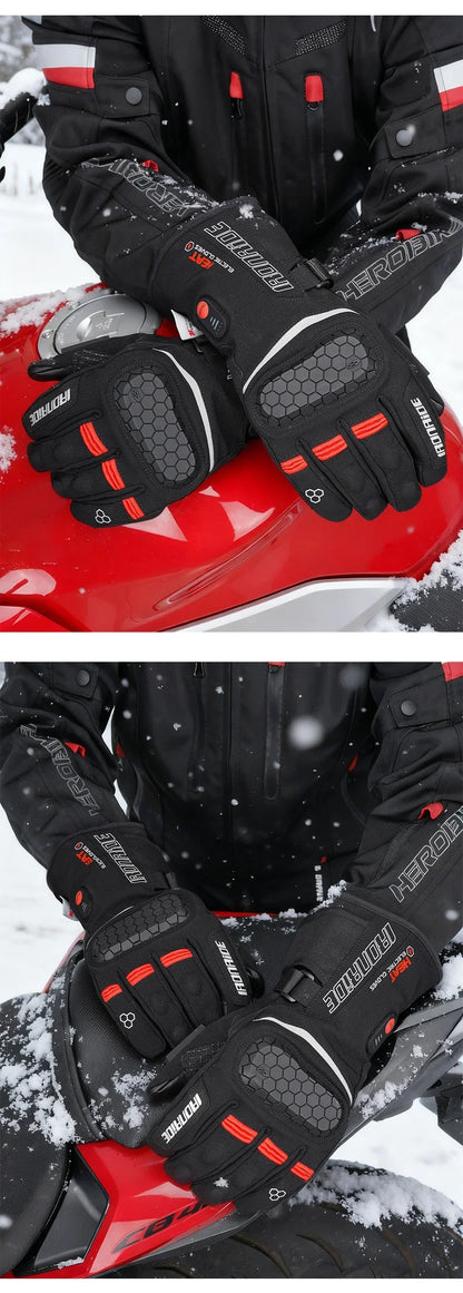 Winter motorcycle gloves with armored knuckles and red accents on a snow-covered bike