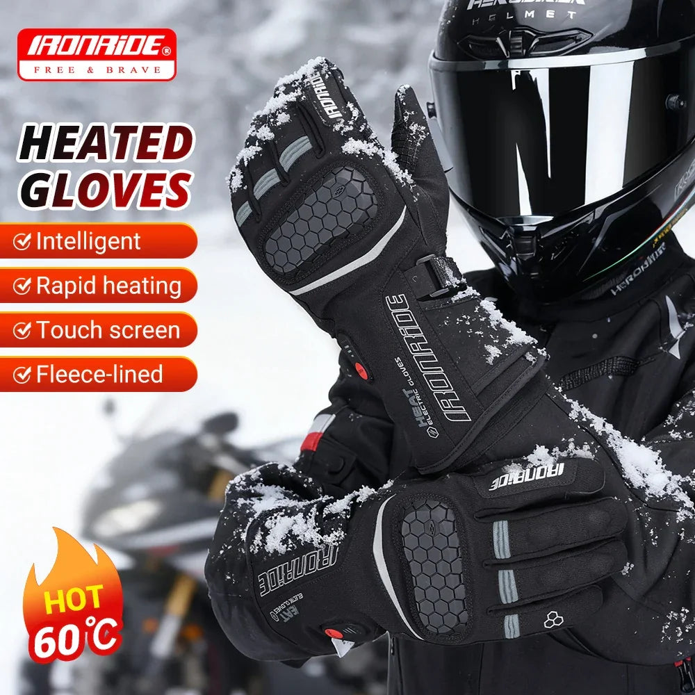 Heated motorcycle gloves with snow, touchscreen feature, rider in helmet, winter setting