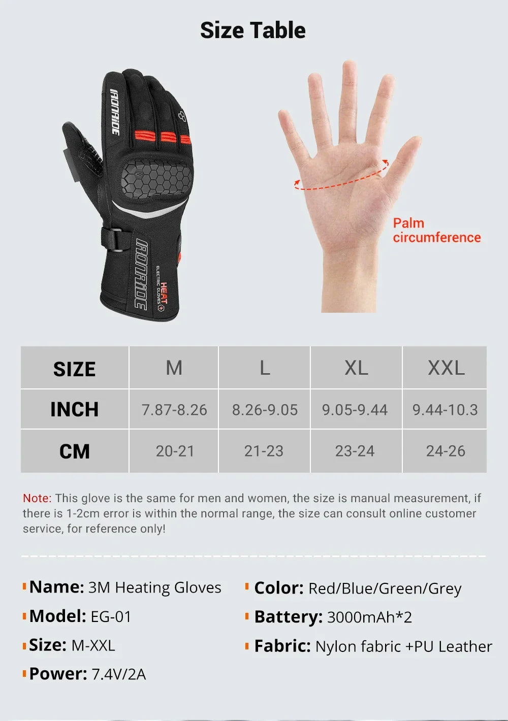 Black heated motorcycle glove with size chart, palm circumference guide, and product details.