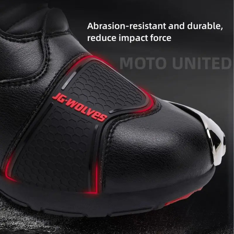 JG Wolf Men's Motorcycle Boots, Breathable Leather Motocross Boots, Reflective Motorcycle Boots, Black Racing Boots, Non-Slip