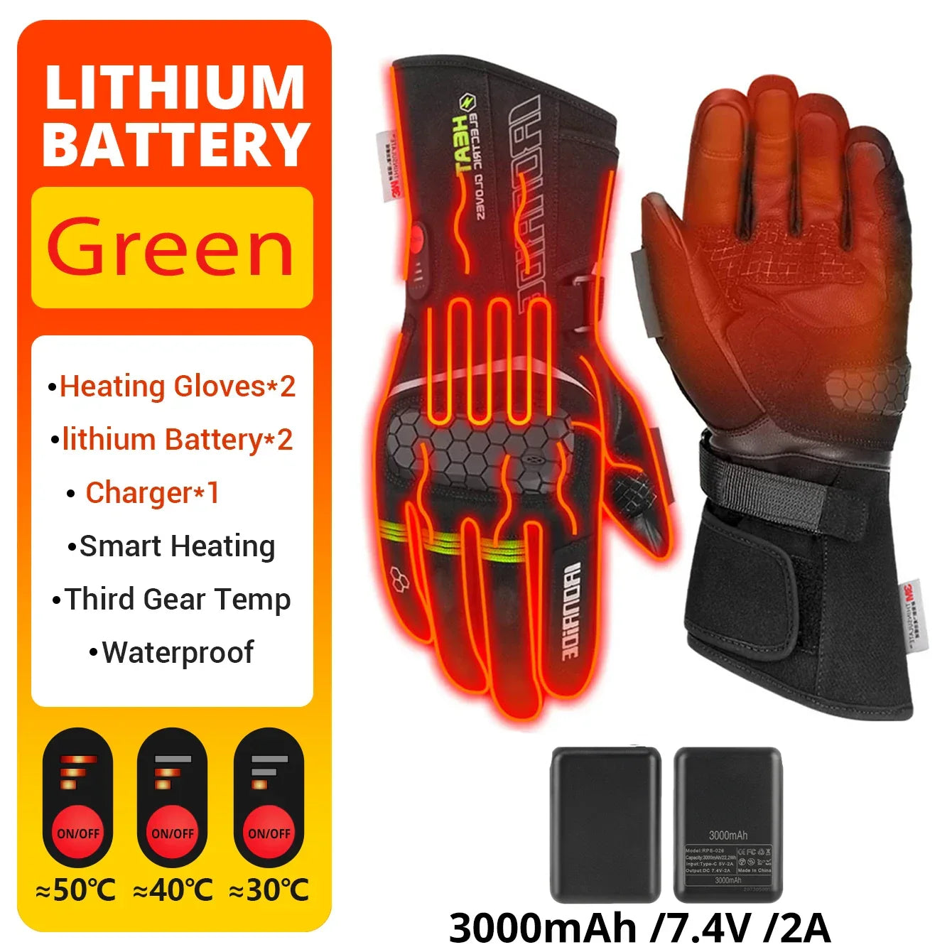 Heated motorcycle gloves with lithium batteries, smart heating, waterproof, temperature control.
