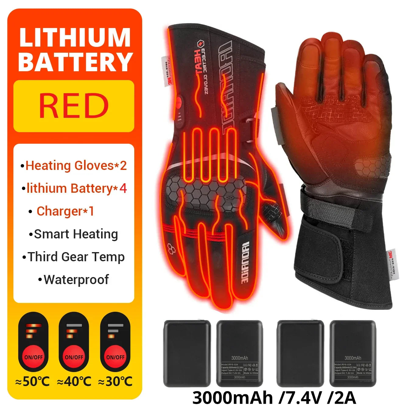 Heated waterproof motorcycle gloves with lithium batteries, temperature control, black with red heat lines