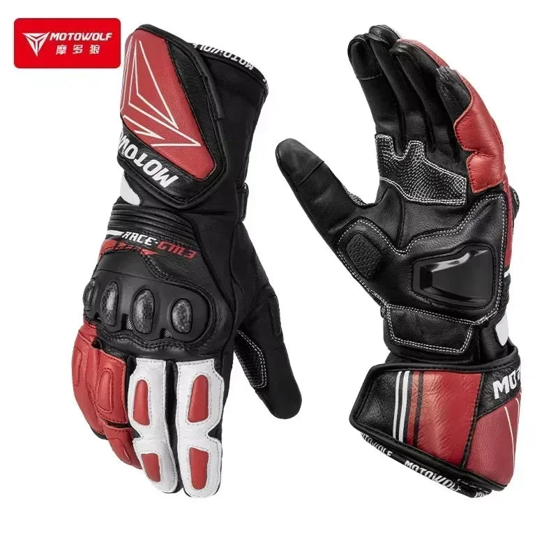 Red and black motorcycle gloves with protective knuckle armor for adventure riding