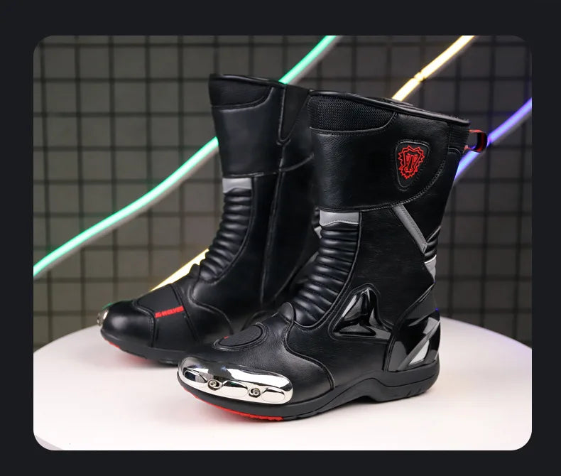JG Wolf Men's Motorcycle Boots, Breathable Leather Motocross Boots, Reflective Motorcycle Boots, Black Racing Boots, Non-Slip