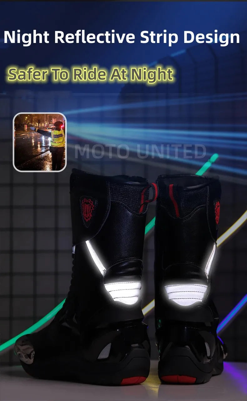 JG Wolf Men's Motorcycle Boots, Breathable Leather Motocross Boots, Reflective Motorcycle Boots, Black Racing Boots, Non-Slip