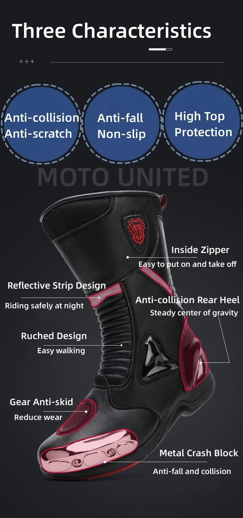 JG Wolf Men's Motorcycle Boots, Breathable Leather Motocross Boots, Reflective Motorcycle Boots, Black Racing Boots, Non-Slip