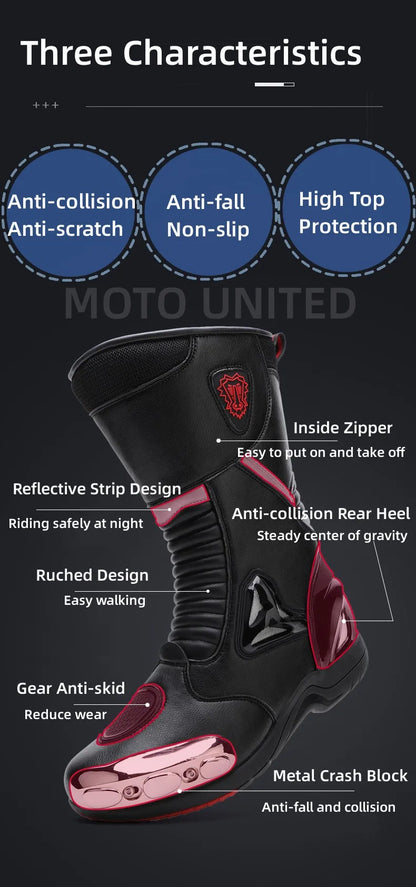 JG Wolf Men's Motorcycle Boots, Breathable Leather Motocross Boots, Reflective Motorcycle Boots, Black Racing Boots, Non-Slip