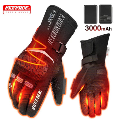 Heated motorcycle gloves with protective knuckle padding and 3000mAh battery for cold weather riding