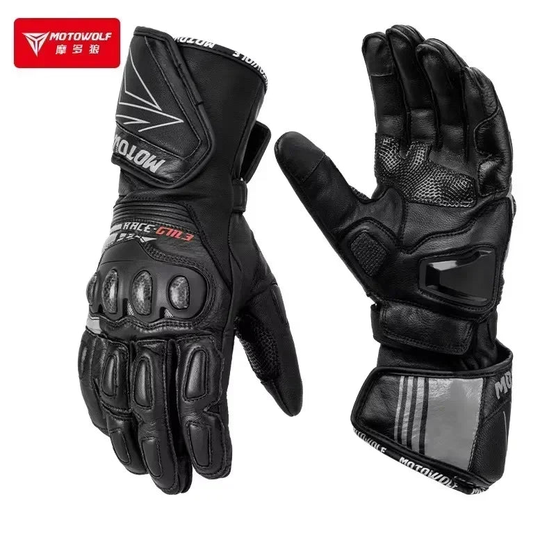 Black motorcycle gloves with protective knuckle armor and reflective details for riding safety