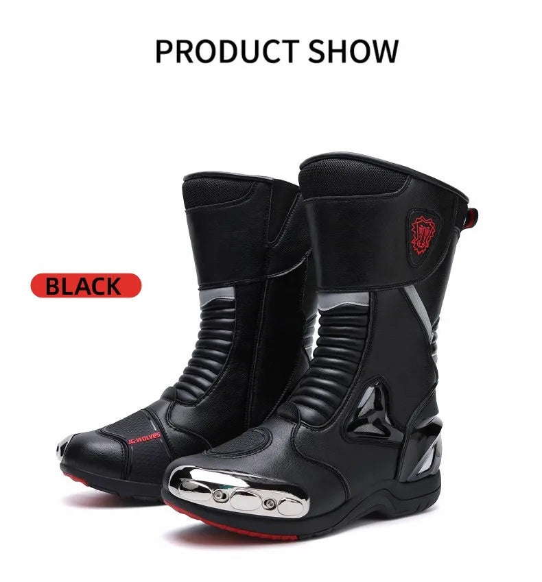 JG Wolf Men's Motorcycle Boots, Breathable Leather Motocross Boots, Reflective Motorcycle Boots, Black Racing Boots, Non-Slip
