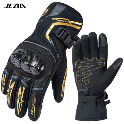Black and gold motorcycle gloves with knuckle protection and adjustable wrist strap