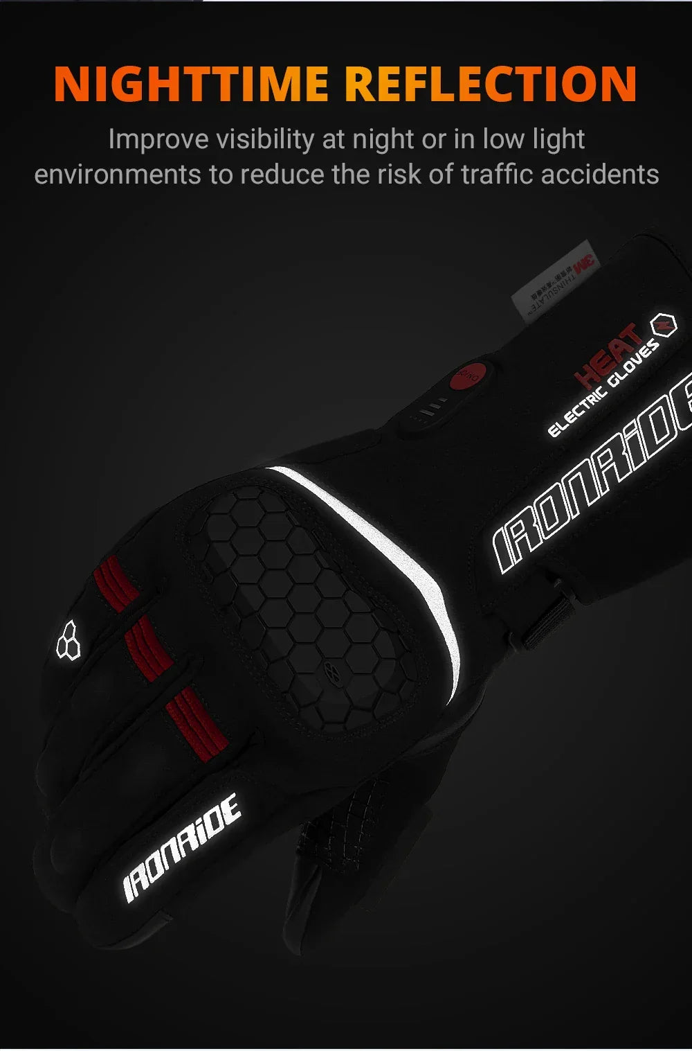 Reflective heated motorcycle glove with electric heating, black with red accents, shown in low light.