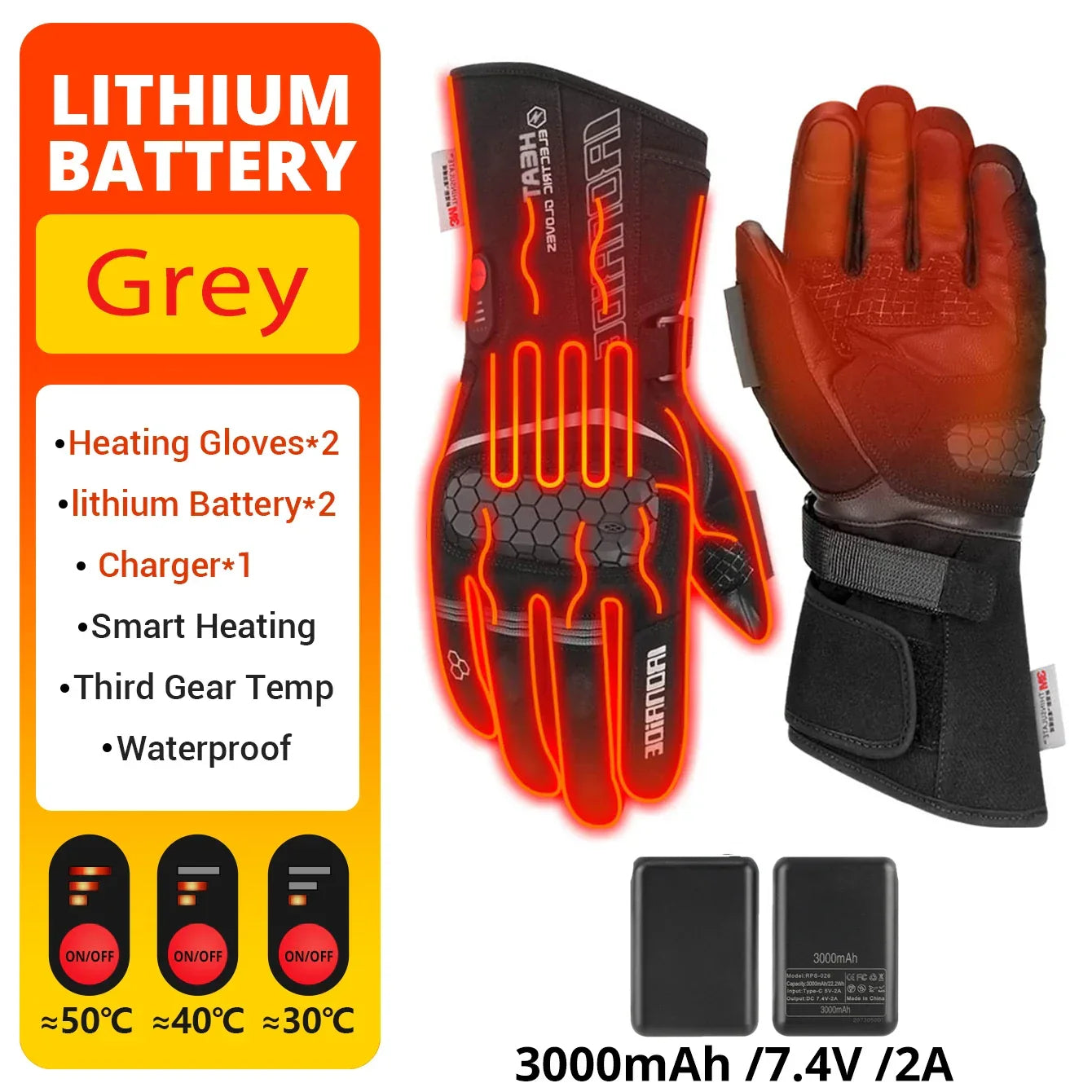 Grey heated motorcycle gloves with lithium batteries, waterproof, smart heating, 3 temperature modes