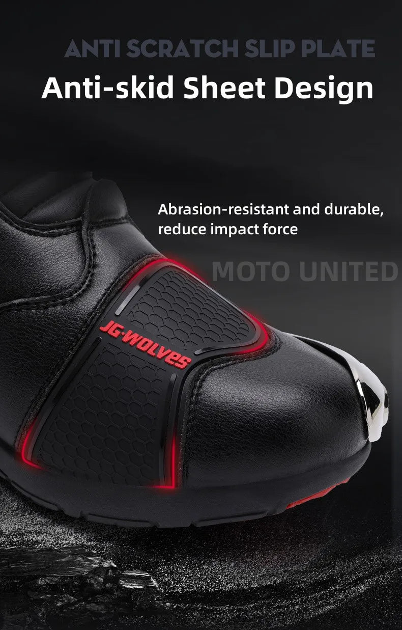 JG Wolf Men's Motorcycle Boots, Breathable Leather Motocross Boots, Reflective Motorcycle Boots, Black Racing Boots, Non-Slip
