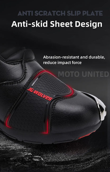 JG Wolf Men's Motorcycle Boots, Breathable Leather Motocross Boots, Reflective Motorcycle Boots, Black Racing Boots, Non-Slip