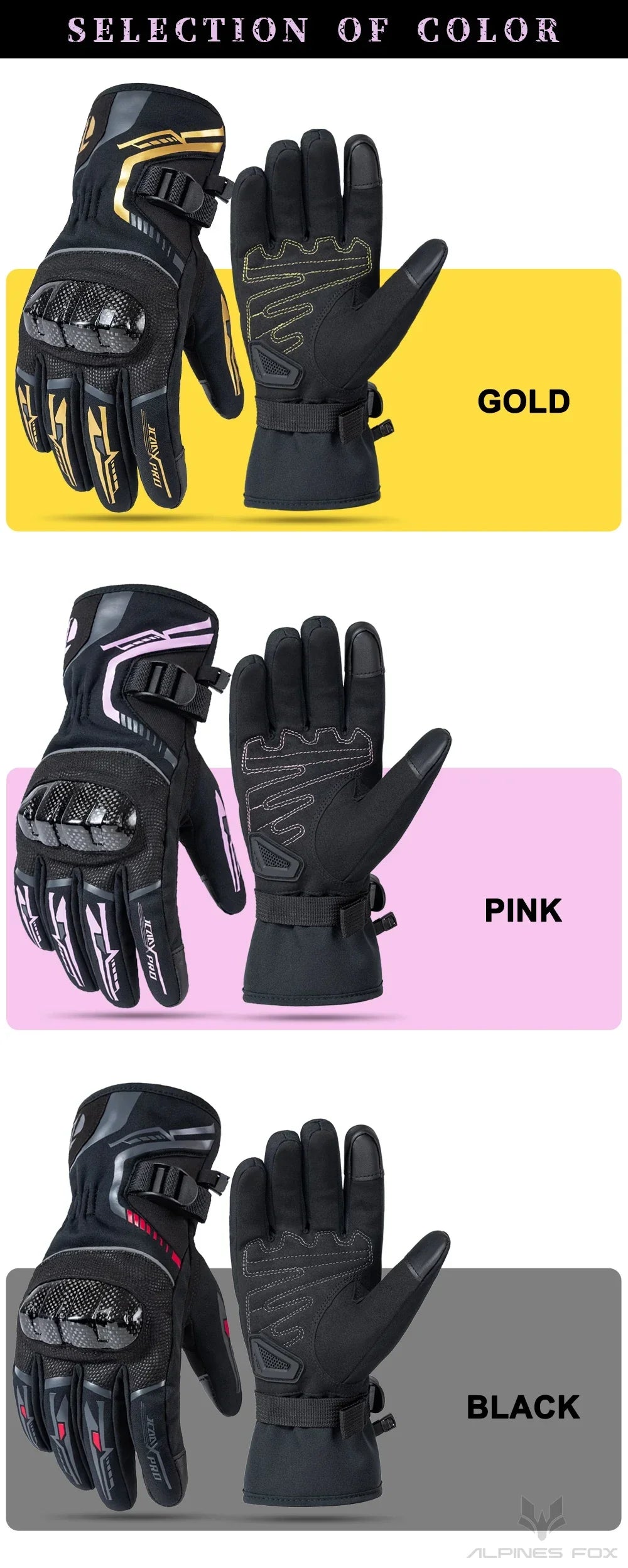 Three pairs of motorcycle riding gloves in gold, pink, and black color options, each with protective knuckle padding and reinforced design for cold weather.