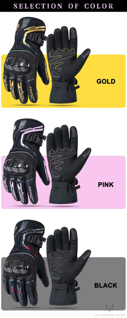 Three pairs of motorcycle riding gloves in gold, pink, and black color options, each with protective knuckle padding and reinforced design for cold weather.
