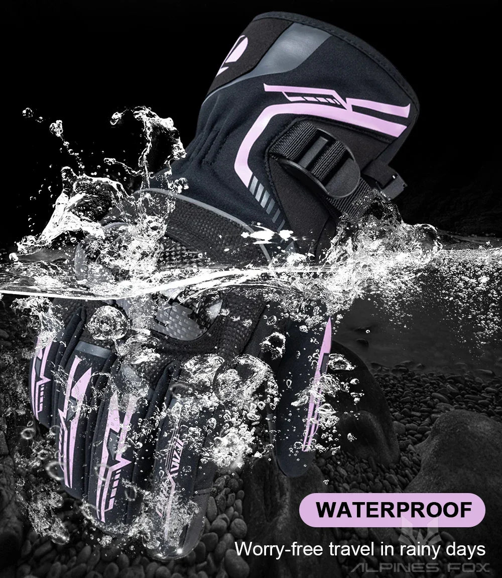 Waterproof black and pink motorcycle gloves with water splashing, ideal for rainy weather.