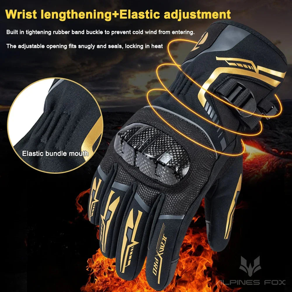 Black and gold motorcycle glove with knuckle protection, adjustable wrist, and elastic fit for cold weather riding.
