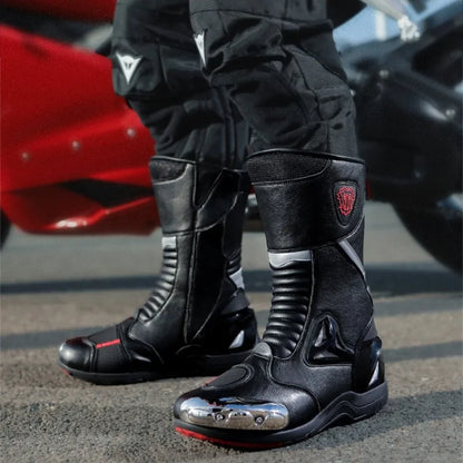 JG Wolf Men's Motorcycle Boots, Breathable Leather Motocross Boots, Reflective Motorcycle Boots, Black Racing Boots, Non-Slip