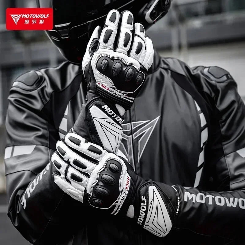 Motorcycle rider in black jacket and armored gloves, protective gear close-up