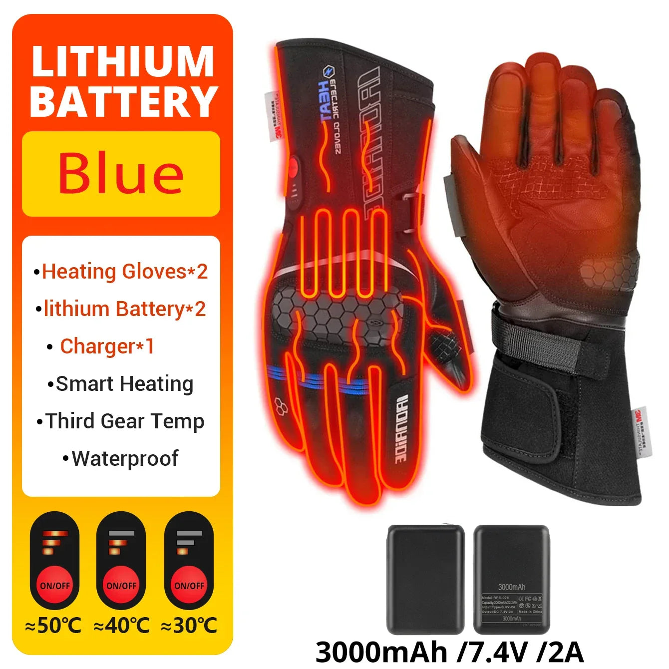 Heated waterproof motorcycle gloves with lithium batteries, smart heating, and temperature control