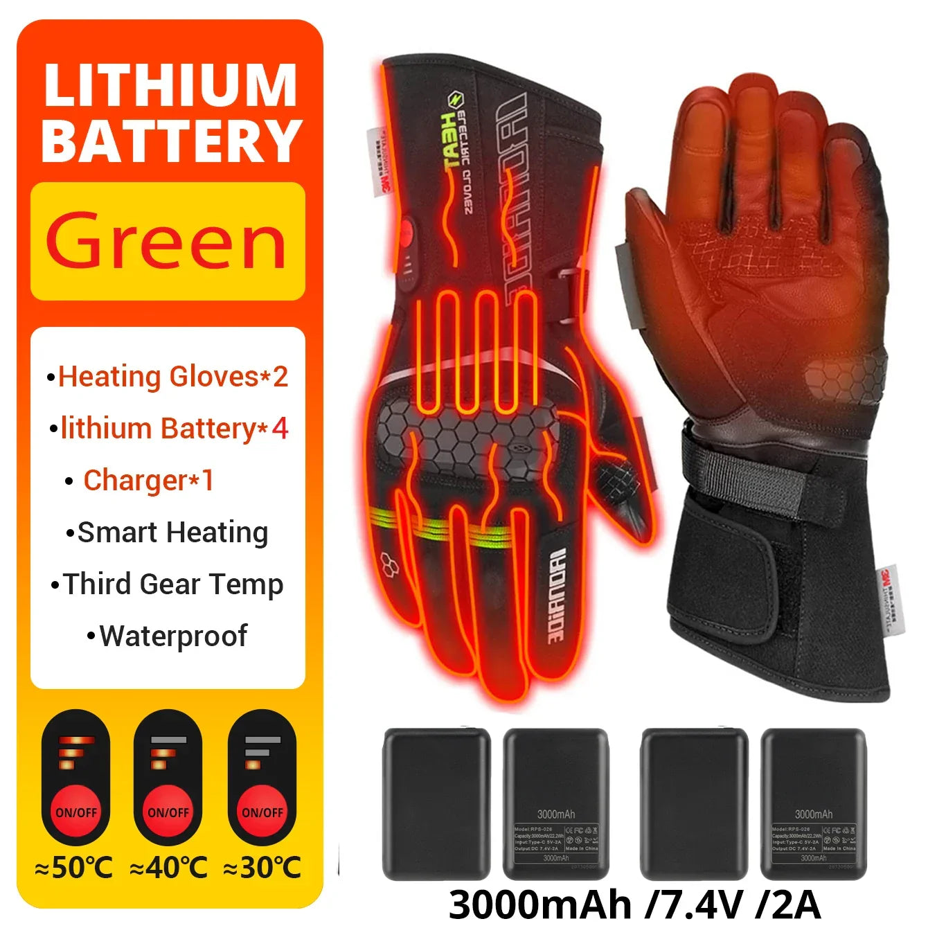 Heated motorcycle gloves with lithium battery, waterproof, smart heating, adjustable temperature.