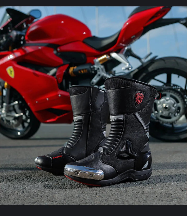 JG Wolf Men's Motorcycle Boots, Breathable Leather Motocross Boots, Reflective Motorcycle Boots, Black Racing Boots, Non-Slip